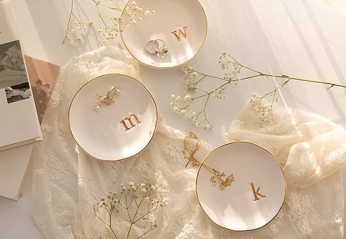 COLLECTIVE HOME - Ceramic Jewelry Tray, Decorative Trinket Dish for Rings Earrings Necklaces Bracelet Watch Keys, Birthday Mother's Day Christmas Gift for Women, 4.75", White Surface (R)