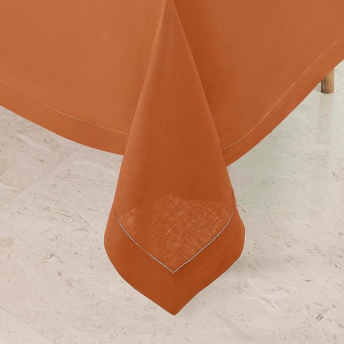 D'Moksha Homes Rust Linen Tablecloth for Rectangle Tables 60 x 144 Inch - 100% Pure Linen Rust Table Cloth - Classic Hemstitch, Machine Washable Dining Tablecloth for Spring, Easter