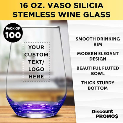 DISCOUNT PROMOS 100 Vaso Silicia Stemless Wine Glasses Set, 16 oz. - Personalized Text, Logo - Clear, Orb-Like, Thick base - Purple