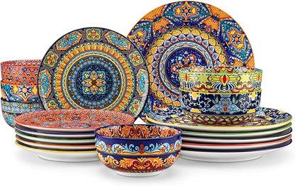 vancasso 18-Piece Dinnerware Sets,Ceramic Plates and Bowls Sets Service for 6, Bohemian Style Porcelain Dishes Set for 6, Microwave and Dishwasher Safe, Scratch Resistant,Non Toxic, Series KRVI