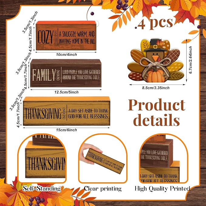 Moucuny 4 Pcs Fall Decorations for Home Wooden Turkey Decor Thanksgiving Tiered - Image 4