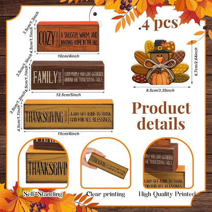 Moucuny 4 Pcs Fall Decorations for Home Wooden Turkey Decor Thanksgiving Tiered - Image 4