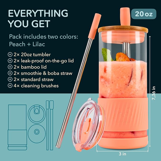 Pandaloo® Glass Cups With Lids and Straws -20 Fl Oz- Perfect Size Iced Coffee - Image 2