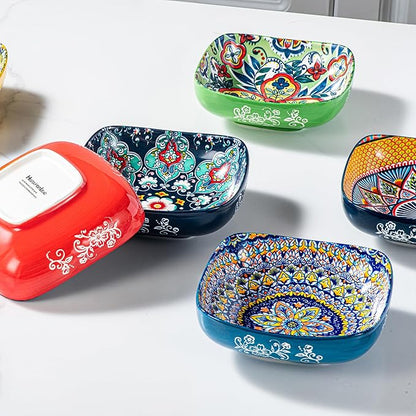 HENXFEN LEAD Boho Ceramic Square Bowls – 20 oz Colorful Bowls for Snacks, Dessert, Side Dishes, Pasta - 6 Inches Appetizer Plates Set of 6, Microwave & Dishwasher Safe