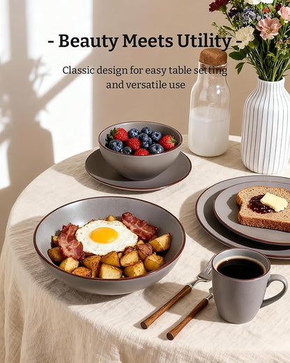 Famiware Venus Speckled Dinnerware Set with Pasta Bowls, Service for 4 (16 Pieces), Stoneware Plates and Double Bowls Sets, Microwave & Dishwasher-Safe Dishes with Trim, Matte Dark Grey