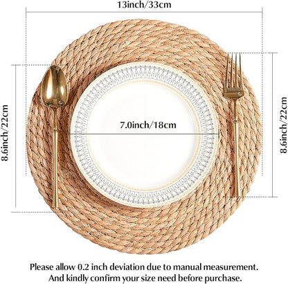 Round Woven Placemats 13 inch Set of 4 - Boho Rattan Placemats Natural Water Hyacinth Placemat, Farmhouse Weave Place Mats, Rustic Braided Wicker Table Mats for Dining Table,Home,Wedding