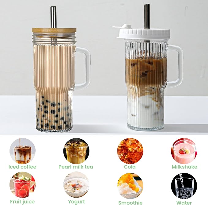 24oz Ribbed Glass Tumbler With Handle, Reusable Glass Iced Coffee Cups With lids - Image 6