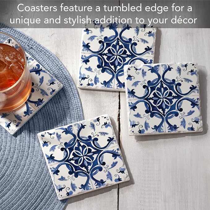 Thirstystone Blue & White Floral 4 Pack Tumbled Tile Stone Coasters | 4" Square - Image 2