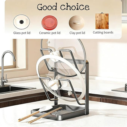Kitchen Pot Lid Storage Rack, Pot Lid Holder for Countertop, Pot Lid Organizer Rack with Tray, Lid And Spoon Rest, Multifunctional Stand for Stove Top Kitchen Accessories (Beige, Single-layer)