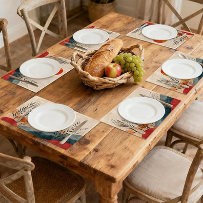 Mid Century Table Placemats Set of 6, Waterproof Linen Fabric, Non-Slip Backing & Easy Clean, Elegant Dining Table Protectors for Family and Guests(Abstract Sun)