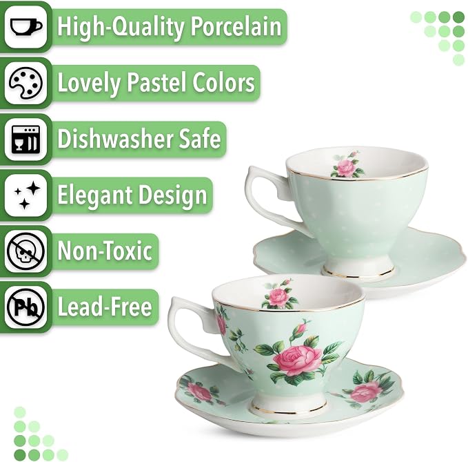 BTaT- Floral Tea Cups and Saucers, 8 oz, Fine Porcelain Teacup Set - Image 4