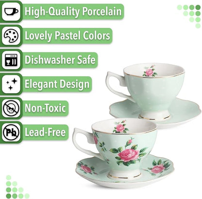 BTaT- Floral Tea Cups and Saucers, 8 oz, Fine Porcelain Teacup Set - Image 4