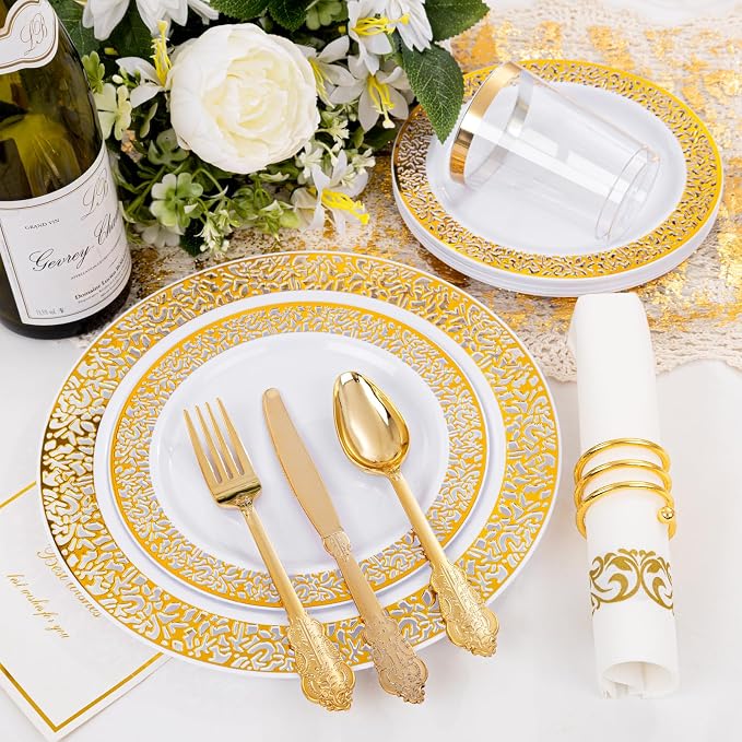 bUCLA 350PCS Gold Plastic Plates Disposable - Image 5