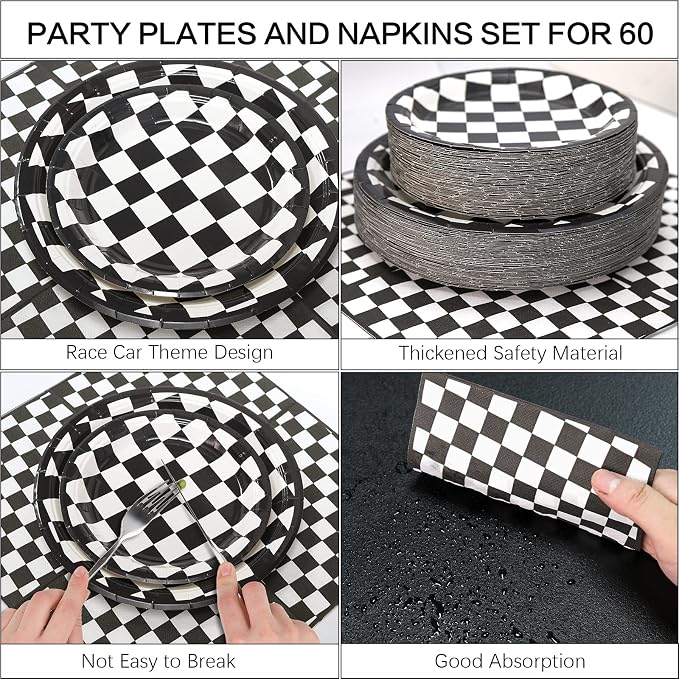 180Pcs Race Car Party Supplies Paper Plates and Napkins Serve 60 | Disposable - Image 3