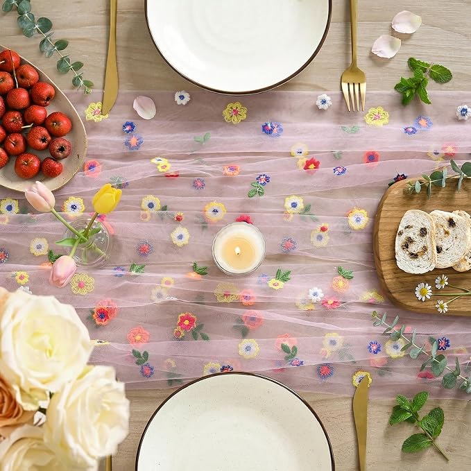 Artoid Mode Pink Embroidery Daisy Gauze Table Runner 59x120 Inch 10FT | - Image 3
