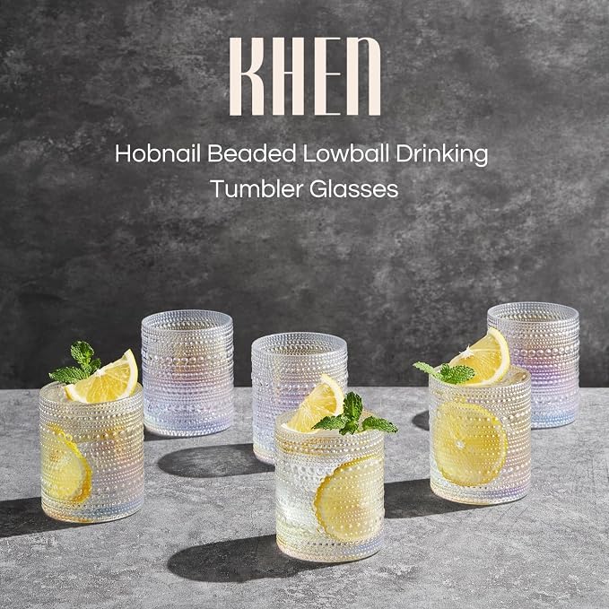 Hobnail Beaded Lowball Drinking Tumbler Glasses | Set of 6 | Iridescent Pearl - Image 2