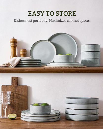 Famiware Annecy Plates and Bowls Sets, 12 Pieces Dinnerware Sets, Microwave and Dishwasher Safe Dishes Set for 4, Chip and Scratch Resistant, Grey-Blue