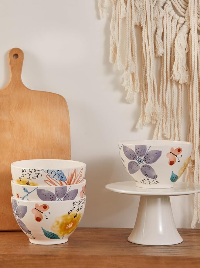 Bico Blossom Symphony Cereal Bowls Set of 4, 29 oz Deep Ceramic Soup Bowls - Image 4