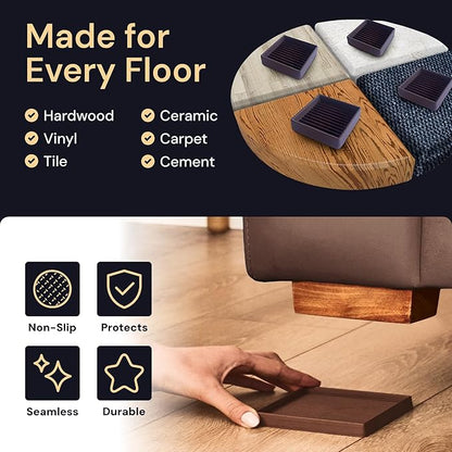 CasterMaster Square Rubber Furniture Pads - 4-Pack, Brown, 5in x 5in - Non Slip Furniture Pads for Hardwood Floors - Floor Protectors for Chairs & Rubber Feet - Stoppers to Prevent Sliding