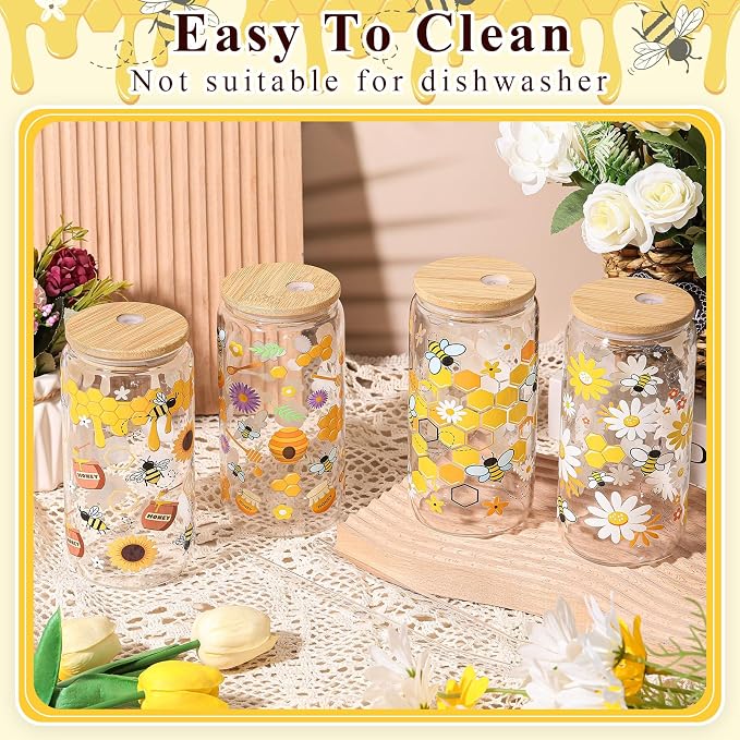 Mumufy 4 Pack Wildflower Glass Cups Gift Aesthetic Cute Glass Cup Tumbler - Image 5