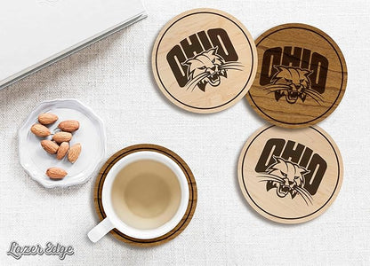 LazerEdge Ohio Bobcats Wooden Coaster Set - Cherry Wood - Officially Licensed Product - 4-Pack