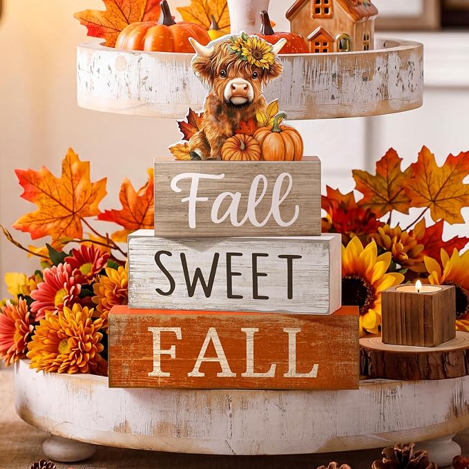 Moucuny 4 Pcs Fall Decoration for Highland Cow Home Fall Table Decor Wooden - Image 7