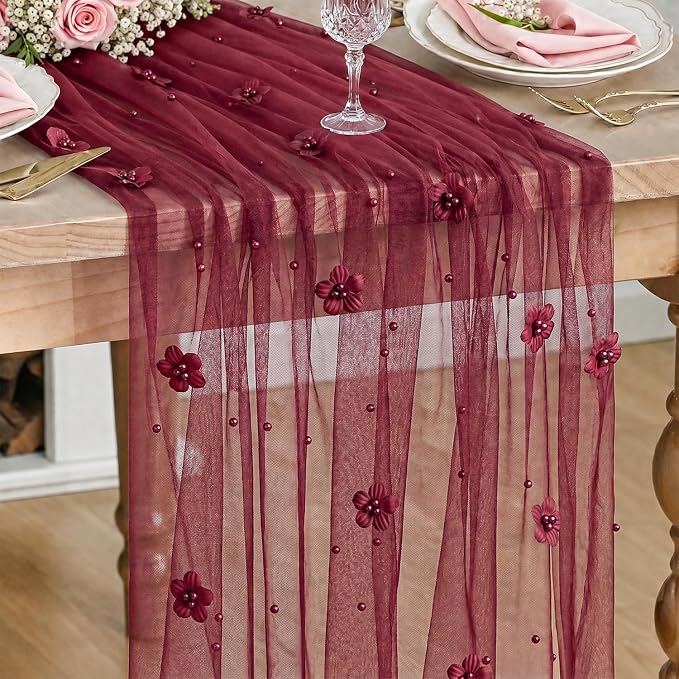 Artoid Mode Burgundy Flower Pearl Burgundy Gauze Table Runner 10FT, Seasonal by ArtoidMode