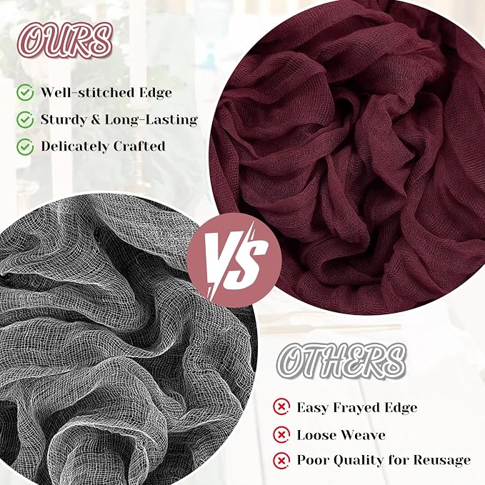 2 Pack Cheesecloth Table Runner, 120 Inch Burgundy Table Runner - Image 6