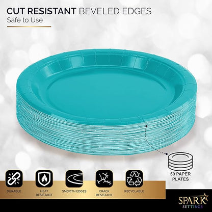 Disposable Paper Plates Blue, 7 Inch Paper Dessert Plates, Strong and Sturdy Disposable Plate for Party, Dinner, Holiday, Picnic, or Travel Party Plate, Pack of 50