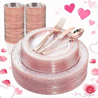 Ciaell 150PCS Rose Gold Plastic Plates – Disposable Plates with Rose Gold Plastic Silverware include 50Plates, 25Forks, 25Knives, 25Spoons, 25Cups for Wedding & Party
