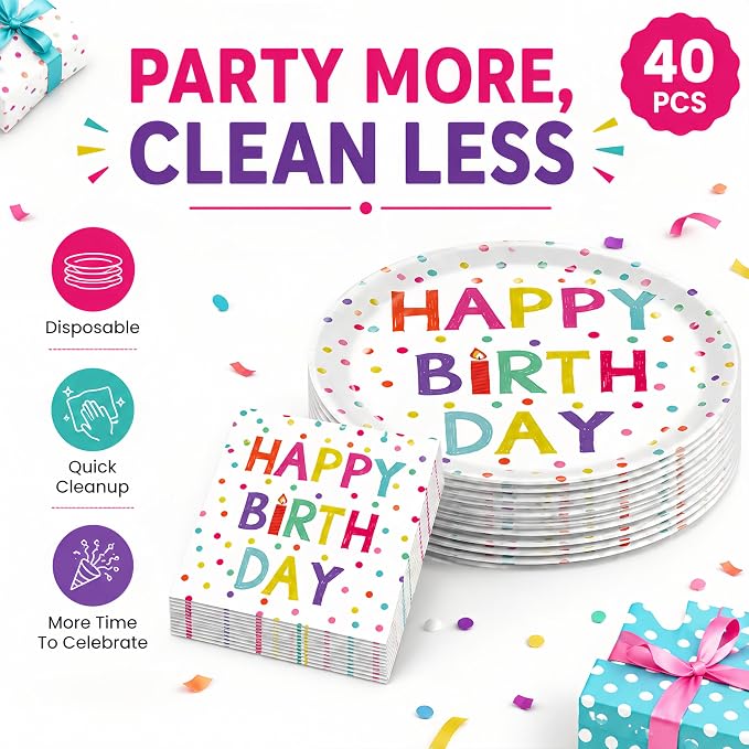 40 Pcs Happy Birthday Plates And Napkins, Party Supplies, Serves 20 | - Image 4