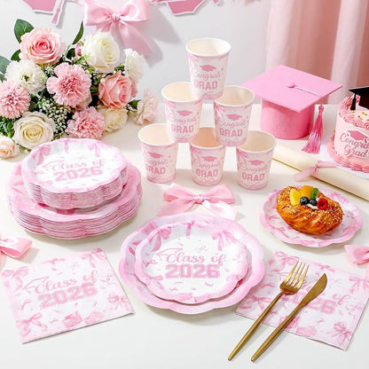 250 Pcs Pink Bow Graduation Disposable Paper Plate Napkins | Congrats Grad - Image 5