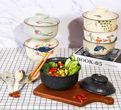 Ceramic Ramen Bowl Set, 800ml, with Lid, Spoon and Chopsticks, Japanese Vintage Large Soup Bowls Instant Noodle Bowl Asian Tableware (Black*2)