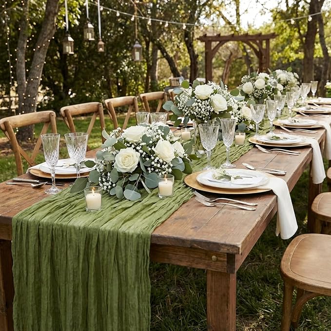 3 Pack Olive Green Cheesecloth Table Runner 120 Inch Boho Wedding Decor | - Image 7