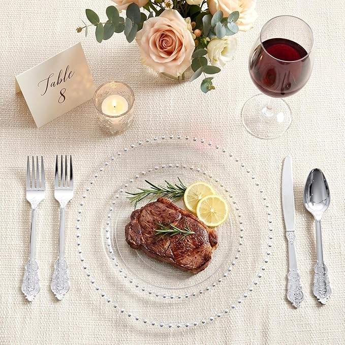 Silver Plastic Silverware Set Heavy Duty Vintage 120Guests Wedding | Embossed - Image 9