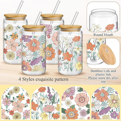 Mumufy 4 Pack Wildflower Glass Cups Gift Aesthetic Cute Glass Cup Tumbler - Image 3