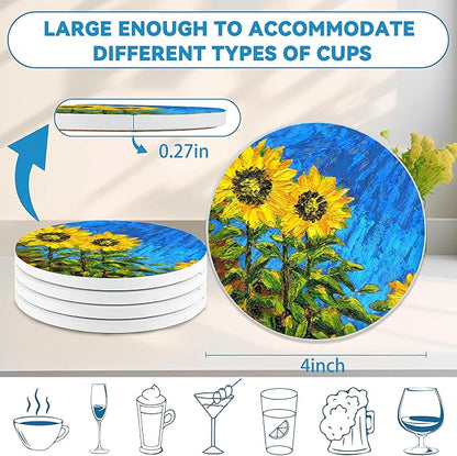 Drinks Coasters Set of 4, Sunflower Oil Painting Round 4" Cup Coasters, Absorbent Ceramic Stone Coasters with Cork Base, Cute Coasters for Table Home Décor, Ideal Gifts for Women Men