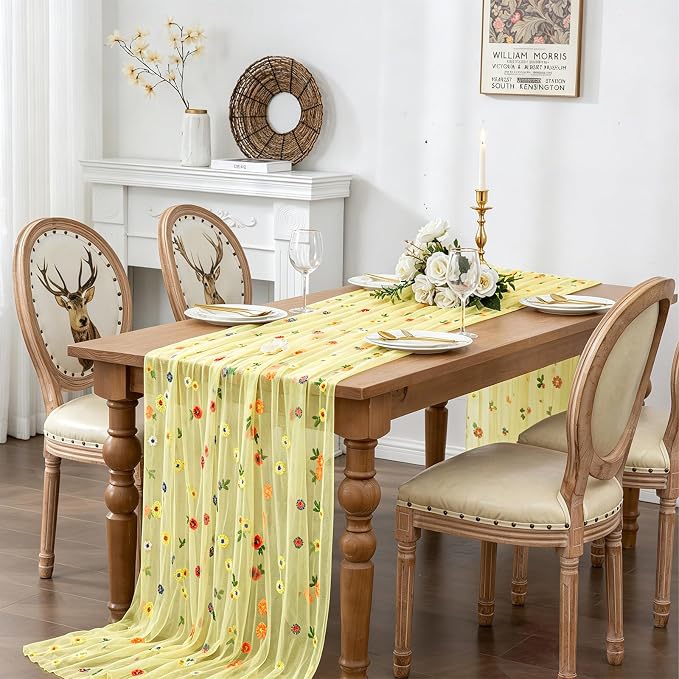 BINBE 12pcs Daisy Spring Table Runner Embroidery Gauze 10FT Florals Seasonal - Image 3