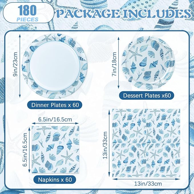 180Pcs Sea Party Supplies Paper Plates and Napkins Serve 60 | Disposable - Image 2