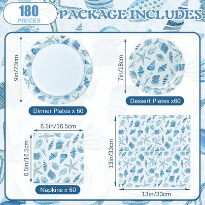 180Pcs Sea Party Supplies Paper Plates and Napkins Serve 60 | Disposable - Image 2