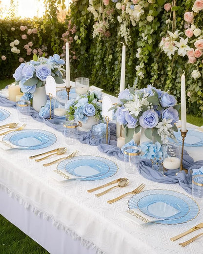 YOUBET 175PCS Clear Blue Scalloped Plastic Plates - Blue and Gold Disposable Dinnerware Set Include 50 Plates, 75 Gold Silverware, 25 Cups, 25 Napkins for Party & Wedding & Baby Shower