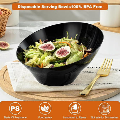 Goodluck 5 Pack Black Plastic Serving Bowls for Party - 20 OZ Angled Disposable Serving Bowls for Wedding Party Chip, Candy, Salad & Fruit