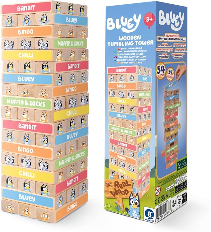 Bluey Tumbling Tower Game, 54 Illustrated Wooden Blocks, Ages 3+ - Image 9