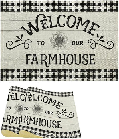 Vintage Farmhouse Placemat Set, Rustic Minimal Black White Check Inspirational Quotes Sketch Sunflower Pattern Home Decoration Linen Table Mats for Dining Room Kitchen Party (17x12in) x2P