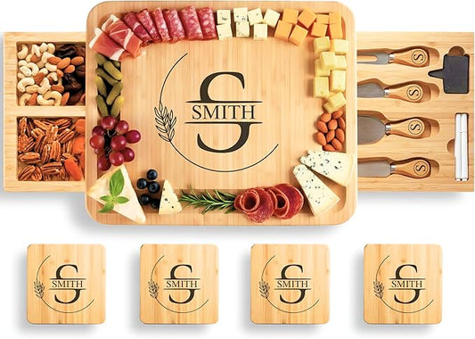Personalized Bamboo Charcuterie Board Set with Accessories – Custom Large Serving Tray with Knives for Wedding, Anniversary, Bridal Shower, Women, Housewarming, Gift for Couples, Valentines Day Gifts