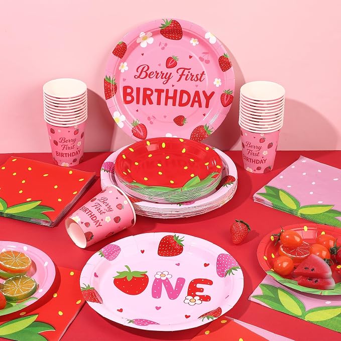 Kochorie 96 Pieces Berry First Birthday Decor Disposable Strawberry Tableware - Image 5