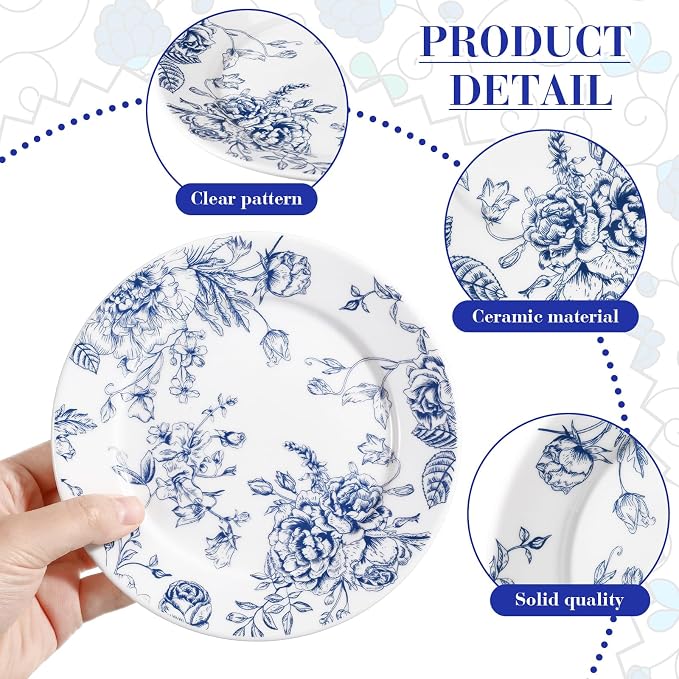 Honeydak 6 Pcs 6 Inch Blue Floral Flower Ceramic Plates Blue and White - Image 3
