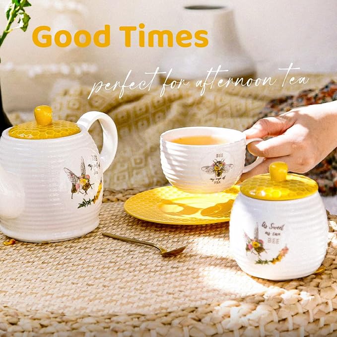 2 PCS Tea & Coffee Saucers, Honey Bee Pattern Ceramic Tea Plates Round Cup - Image 6