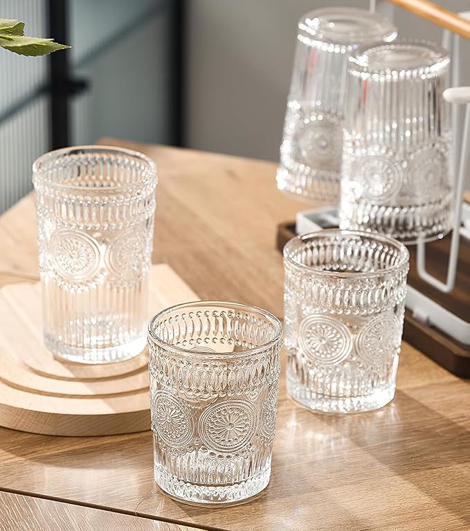 Kingrol Embossed Vintage Drinking Glasses Set of 6, 12 oz Textured Glass - Image 4