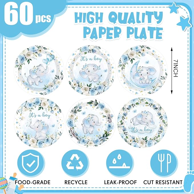 60 Pcs 7 Inch Elephant Baby Shower Paper Plates It's a Boy Shower Decorations Tableware Baby Gender Reveal Plates It's a Boy Party Supplies for Blue Floral Elephant Party
